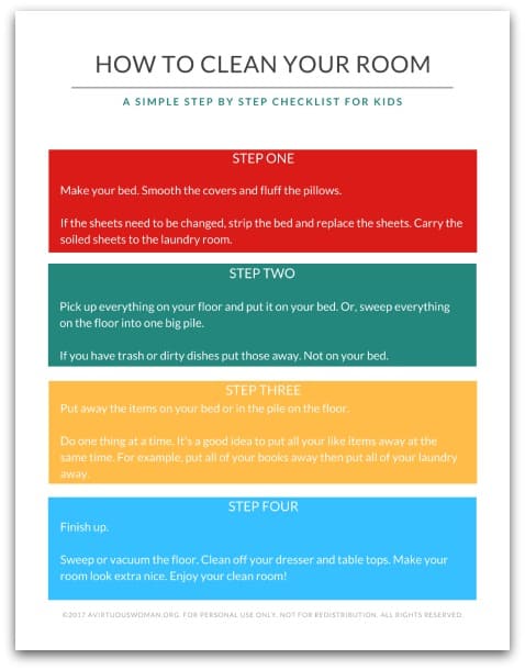 How to Clean Your Bedroom Checklist for Kids @ AVirtuousWoman.org